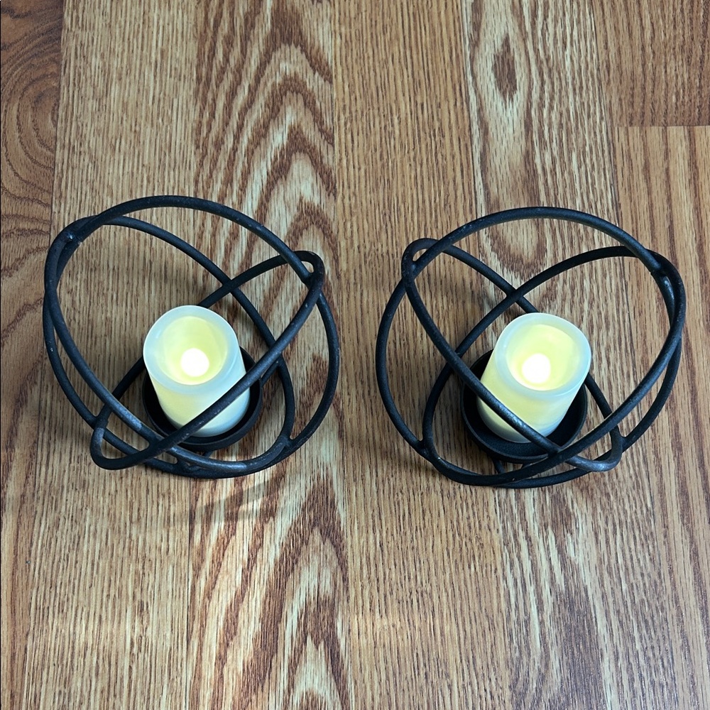 Dark Cast Iron Metal Candle Holders w/Flameless Flickering Ivory Tea Candles